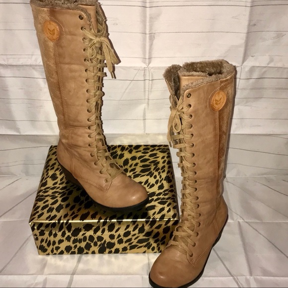 Reneeze Shoes - Reneeze Joyce Camel Knee High Lace Up Wedge Boots